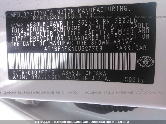 4T1BF1FK1CU527768 - 2012 TOYOTA CAMRY SE/LE/XLE 白色 照片 9