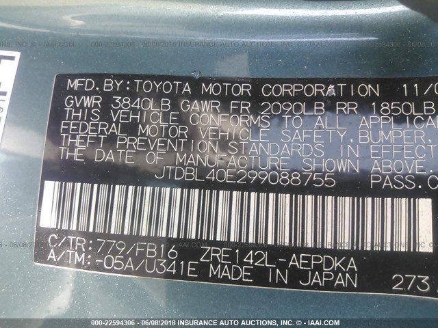 JTDBL40E299088755 - 2009 TOYOTA COROLLA LE/XLE GREEN photo 9