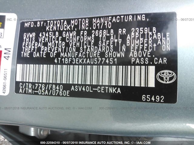 4T1BF3EKXAU577451 - 2010 TOYOTA CAMRY SE/LE/XLE BLUE photo 9