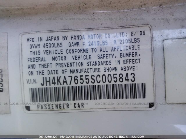 JH4KA7655SC005843 - 1995 ACURA LEGEND L WHITE photo 9