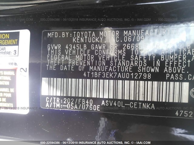 4T1BF3EK7AU012798 - 2010 TOYOTA CAMRY SE/LE/XLE BLACK photo 9