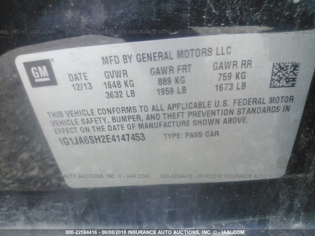 1G1JA6SH2E4147453 - 2014 CHEVROLET SONIC LS BLACK photo 9