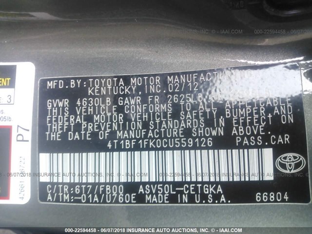 4T1BF1FK0CU559126 - 2012 TOYOTA CAMRY SE/LE/XLE Pewter photo 9