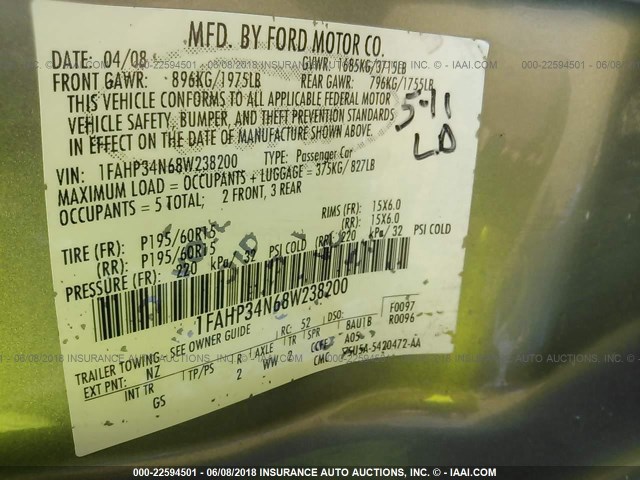 1FAHP34N68W238200 - 2008 FORD FOCUS S/SE GREEN photo 9