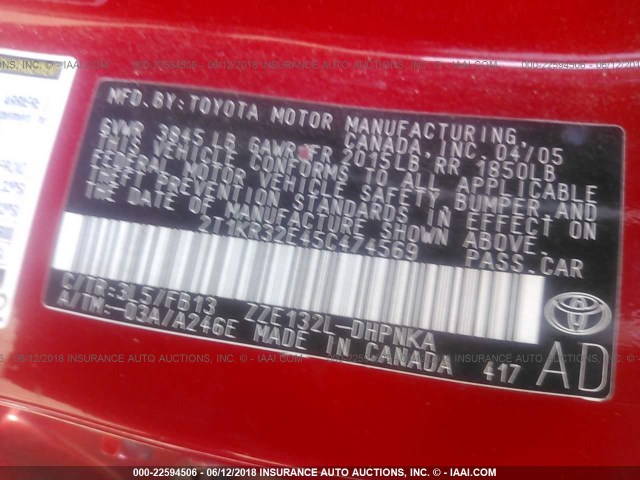 2T1KR32E45C474569 - 2005 TOYOTA COROLLA MATRIX XR RED photo 9