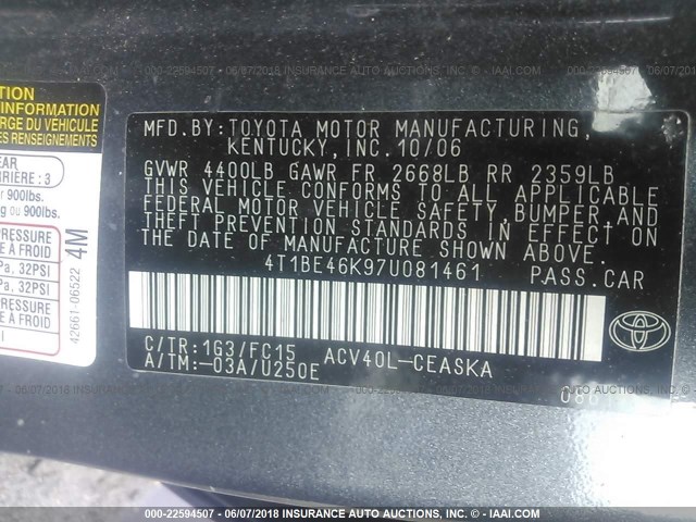 4T1BE46K97U081461 - 2007 TOYOTA CAMRY NEW GENERAT CE/LE/XLE/SE GRAY photo 9