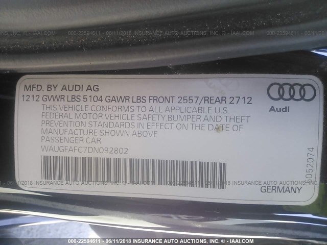 WAUGFAFC7DN092802 - 2013 AUDI A6 PREMIUM PLUS BLACK photo 9