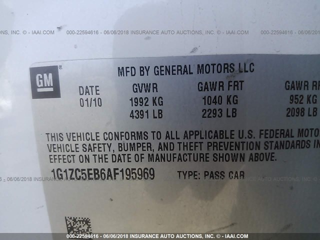 1G1ZC5EB6AF195969 - 2010 CHEVROLET MALIBU 1LT თეთრი ფოტო 9