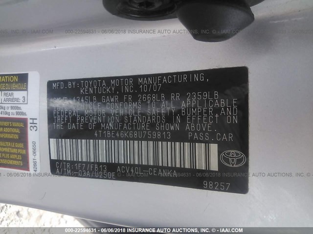 4T1BE46K68U759813 - 2008 TOYOTA CAMRY CE/LE/XLE/SE SILVER photo 9