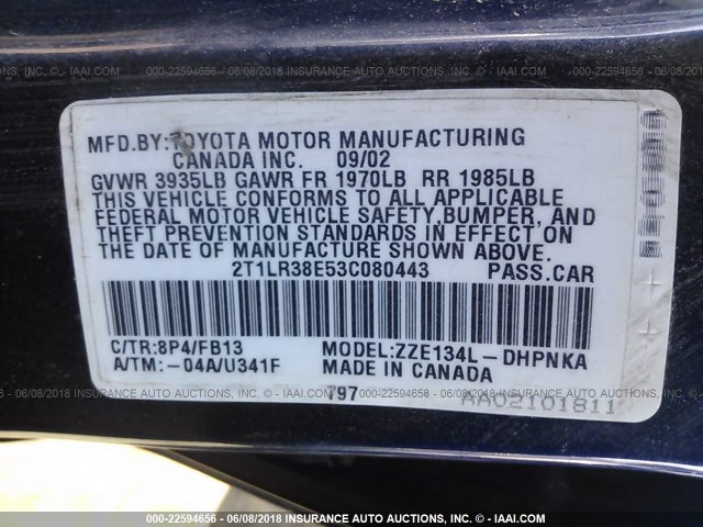 2T1LR38E53C080443 - 2003 TOYOTA COROLLA MATRIX XR BLUE photo 9