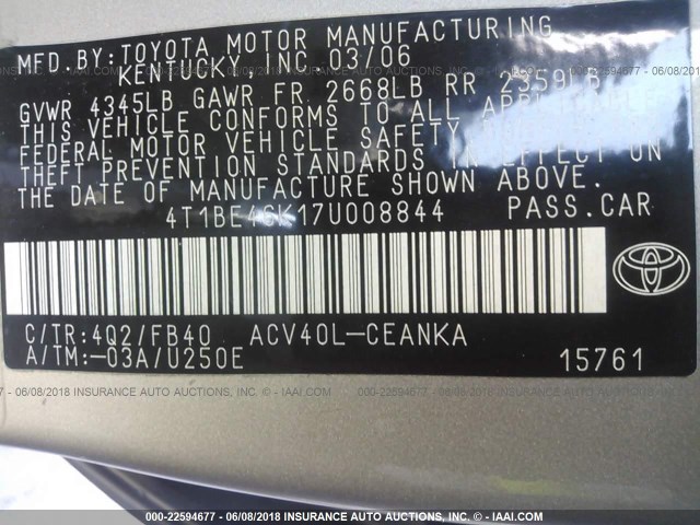 4T1BE46K17U008844 - 2007 TOYOTA CAMRY NEW GENERAT CE/LE/XLE/SE CREAM photo 9