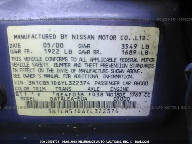 3N1CB51D6YL322374 - 2000 NISSAN SENTRA XE/GXE BLUE photo 9