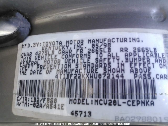 4T1BF22KXWU072144 - 1998 TOYOTA CAMRY CE/LE/XLE 银色 照片 9