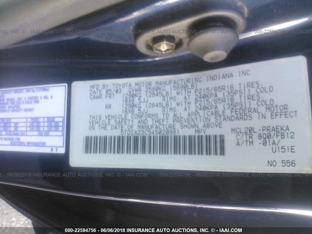 5TDZA23C54S020981 - 2004 TOYOTA SIENNA CE/LE BLUE photo 9