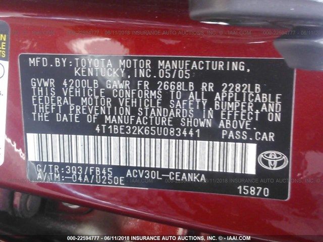 4T1BE32K65U083441 - 2005 TOYOTA CAMRY LE/XLE/SE ბურგუნდია ფოტო 9