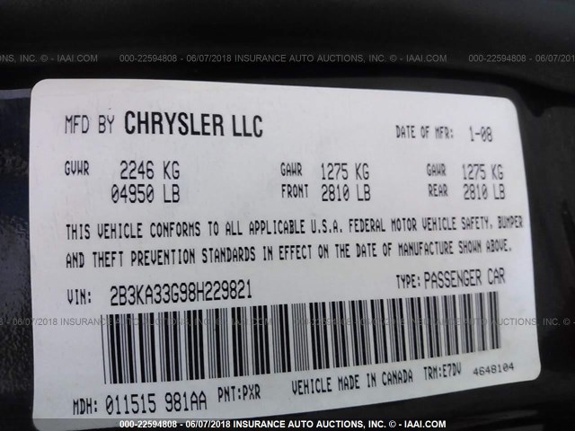 2B3KA33G98H229821 - 2008 DODGE CHARGER SXT ნაცრისფერი ფოტო 9