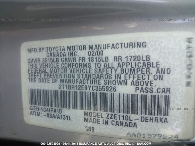 2T1BR12E9YC355926 - 2000 TOYOTA COROLLA VE/CE/LE SILVER photo 9