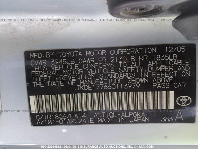 JTKDE177660113979 - 2006 TOYOTA SCION TC 银色 照片 9