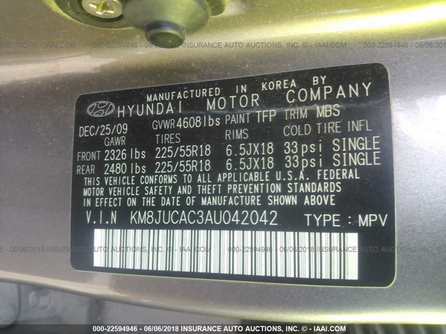 KM8JUCAC3AU042042 - 2010 HYUNDAI TUCSON GLS/LIMITED 棕色 照片 9