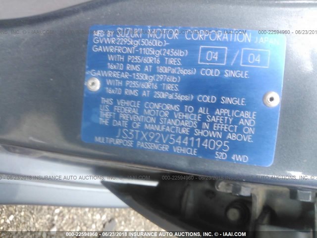 JS3TX92V544114095 - 2004 SUZUKI XL7 EX/LX BLUE photo 9