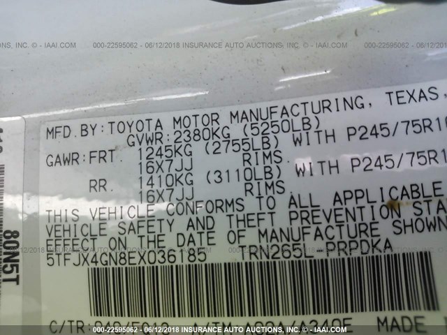 5TFJX4GN8EX036185 - 2014 TOYOTA TACOMA DOUBLE CAB 白色 照片 9