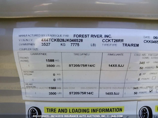 4X4TCKB28JK046528 - 2018 FOREST RIVER CCKT26RR TRAVEL TRAILER  Unknown photo 9