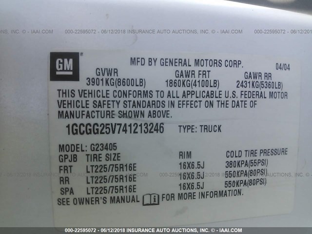 1GCGG25V741213246 - 2004 CHEVROLET EXPRESS G2500  WHITE photo 9