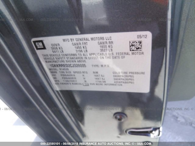 1GKKRRED2CJ328005 - 2012 GMC ACADIA SLT-1 Gris foto 9