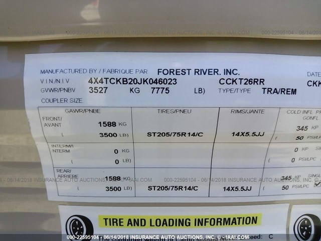 4X4TCKB20JK046023 - 2018 FOREST RIVER CCKT26RR TRAVEL TRAILER  Unknown photo 9