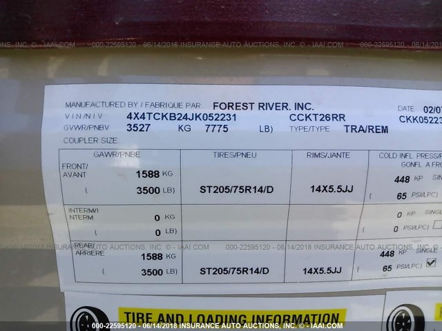 4X4TCKB24JK052231 - 2018 FOREST RIVER CCKT26RR TRAVEL TRAILER  Unknown photo 9