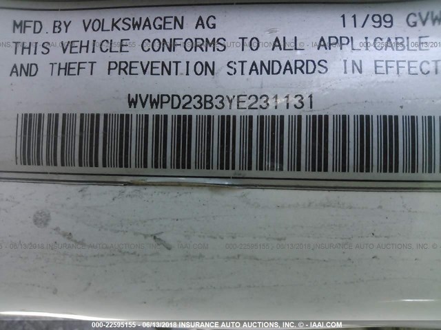 WVWPD23B3YE231131 - 2000 VOLKSWAGEN PASSAT GLX WHITE photo 9