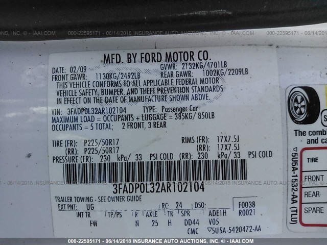 3FADP0L32AR102104 - 2010 FORD FUSION HYBRID WHITE photo 9