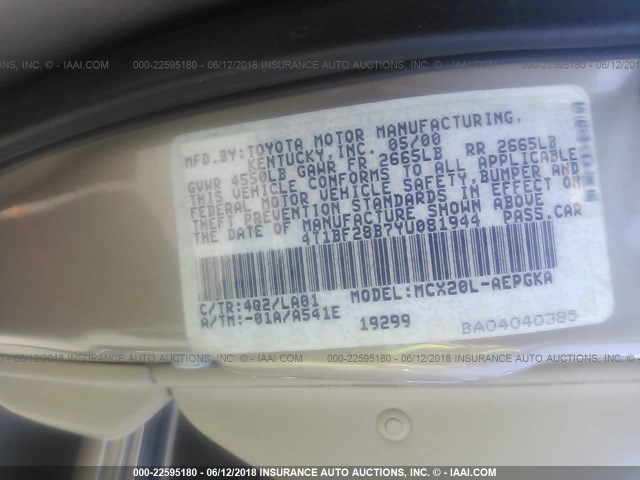 4T1BF28B7YU081944 - 2000 TOYOTA AVALON XL/XLS TAN photo 9