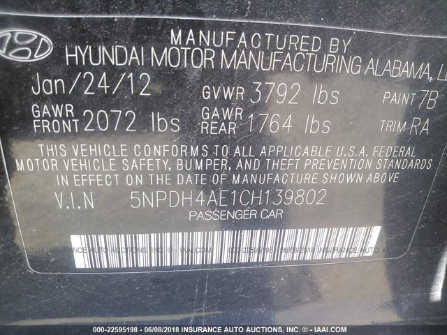5NPDH4AE1CH139802 - 2012 HYUNDAI ELANTRA GLS/LIMITED 黑色 照片 9