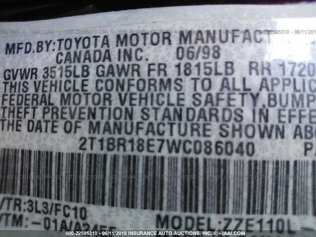 2T1BR18E7WC086040 - 1998 TOYOTA COROLLA VE/CE/LE 勃艮第红 照片 9