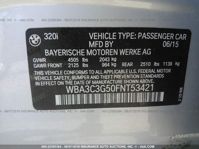 WBA3C3G50FNT53421 - 2015 BMW 320 I/XDRIVE SILVER photo 9