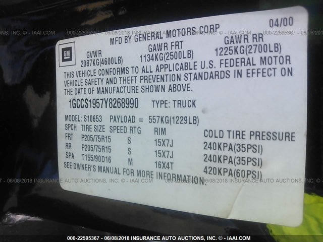 1GCCS1957Y8268990 - 2000 CHEVROLET S TRUCK S10 BLACK photo 9