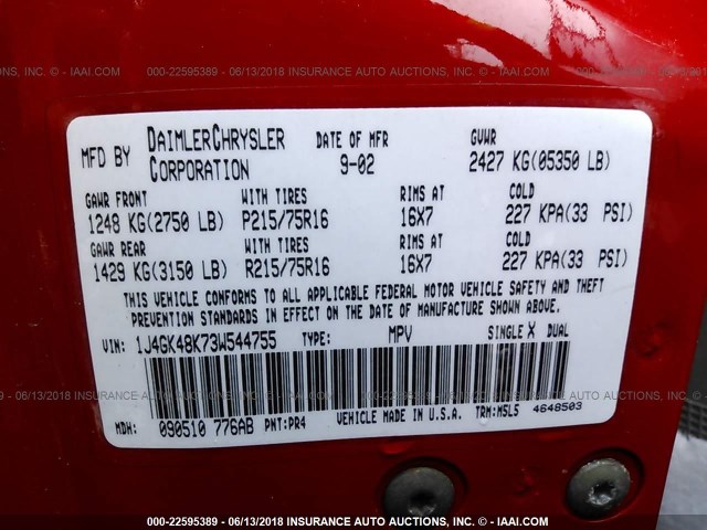 1J4GK48K73W544755 - 2003 JEEP LIBERTY SPORT/FREEDOM წითელი ფოტო 9