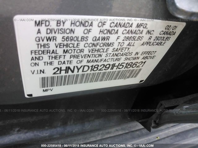 2HNYD18291H518621 - 2001 ACURA MDX 灰色 照片 9