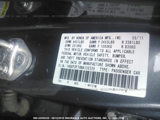 1HGCP2F79BA132035 - 2011 HONDA ACCORD EX GRAY photo 9