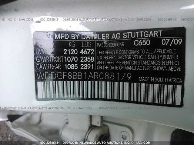 WDDGF8BB1AR088179 - 2010 MERCEDES-BENZ C 300 4MATIC WHITE photo 9