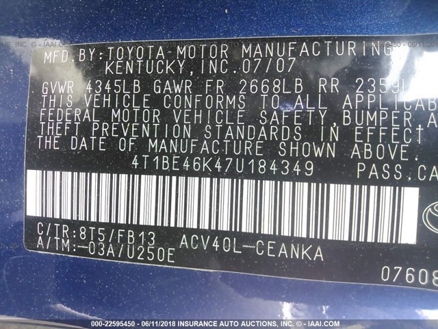 4T1BE46K47U184349 - 2007 TOYOTA CAMRY NEW GENERAT CE/LE/XLE/SE BLUE photo 9