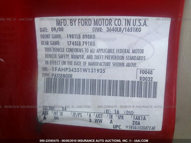 1FAHP34351W131935 - 2001 FORD FOCUS SE/SE SPORT RED photo 9