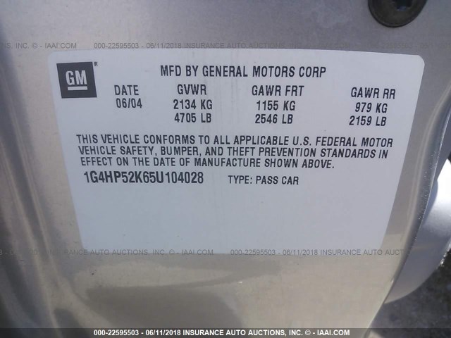 1G4HP52K65U104028 - 2005 BUICK LESABRE CUSTOM SILVER photo 9