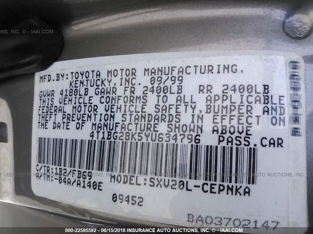 4T1BG28K5YU634796 - 2000 TOYOTA CAMRY CE/LE/XLE 银色 照片 9