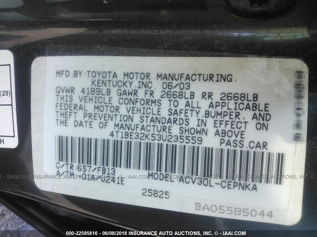 4T1BE32K53U235559 - 2003 TOYOTA CAMRY LE/XLE/SE მწვანე ფოტო 9