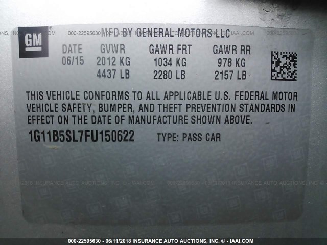 1G11B5SL7FU150622 - 2015 CHEVROLET MALIBU LS 银色 照片 9