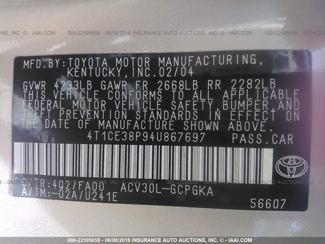 4T1CE38P94U867697 - 2004 TOYOTA CAMRY SOLARA SE/SLE ოქროსფერი ფოტო 9
