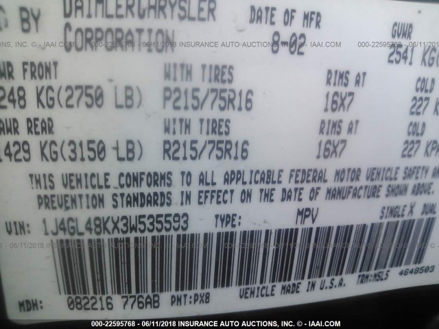 1J4GL48KX3W535593 - 2003 JEEP LIBERTY SPORT/FREEDOM შავი ფოტო 9