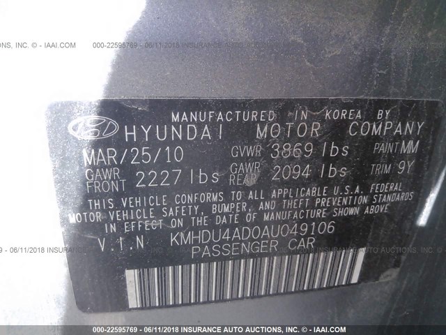 KMHDU4AD0AU049106 - 2010 HYUNDAI ELANTRA BLUE/GLS/SE GRAY photo 9